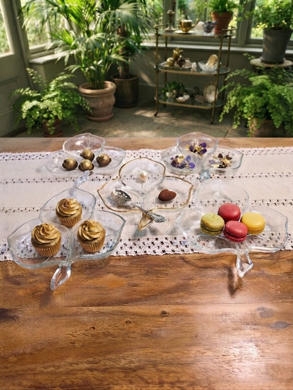 Vintage Pressed Glass Divided Leaf Dish Set of 5 (Gold Rim Relish Trays)